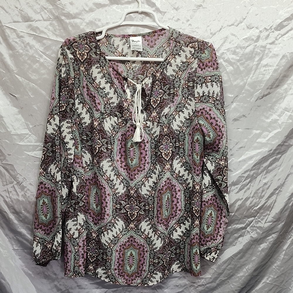 Wrangler Paisley Peasant Top Purple Turquoise Tie Neck Womens SZ L
